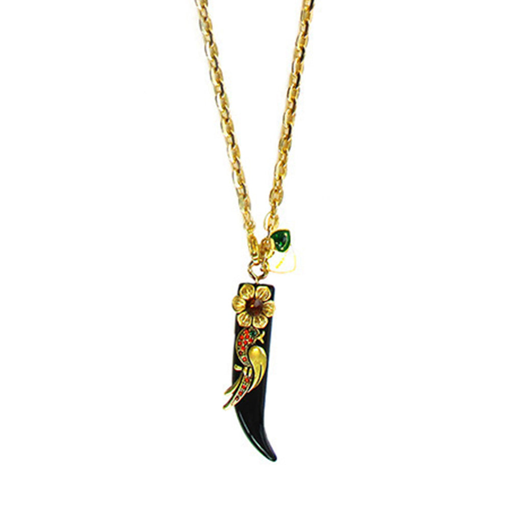 COLLANA LUNGA A CATENA CON CORNO CON FIORE E UCCELLO
