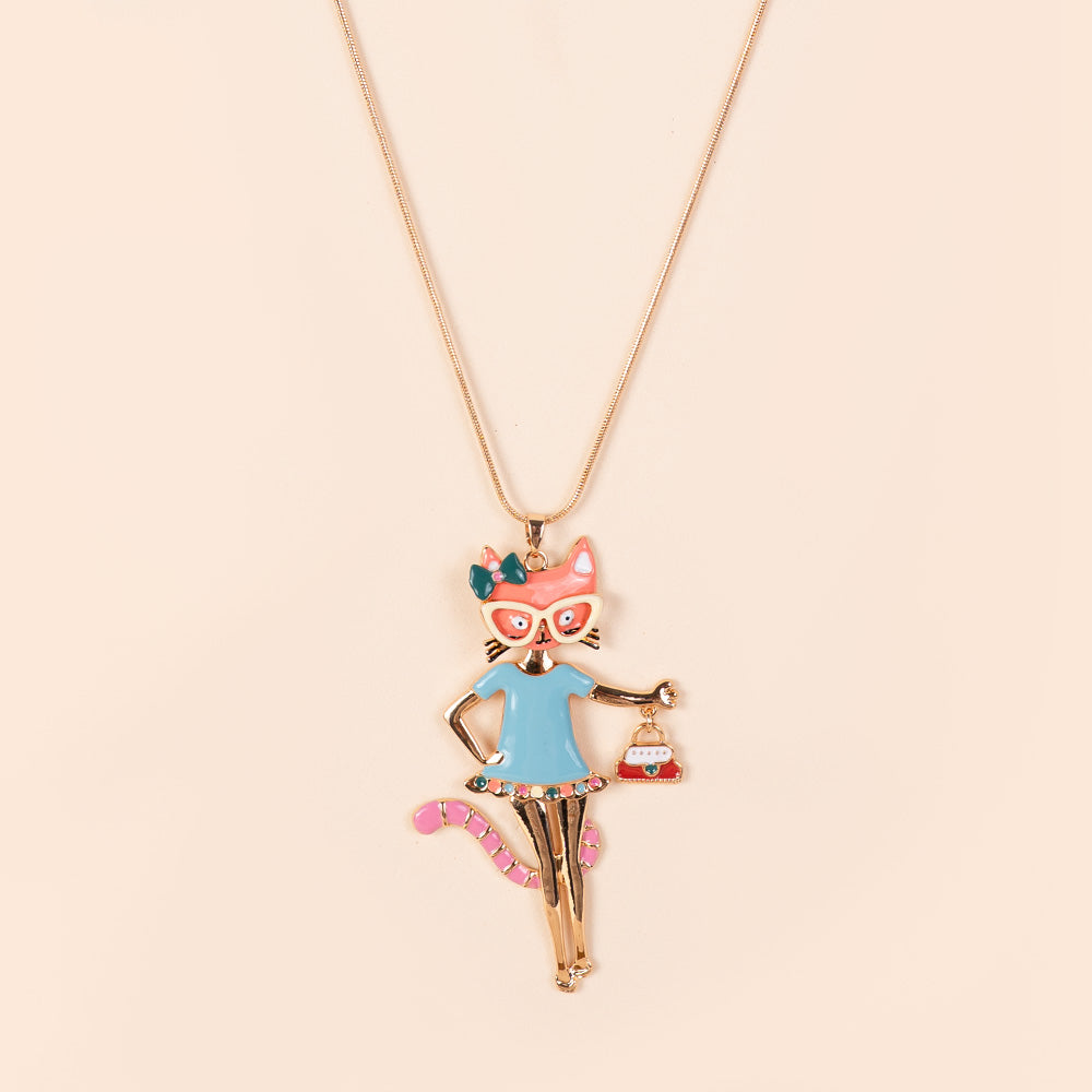 COLLANA LUNGA CON PENDENTE A FORMA DI GATTO CON OCCHIALI
