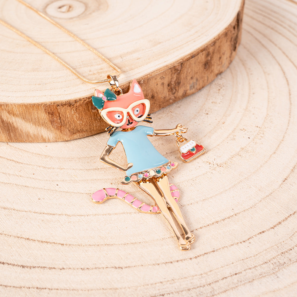 COLLANA LUNGA CON PENDENTE A FORMA DI GATTO CON OCCHIALI