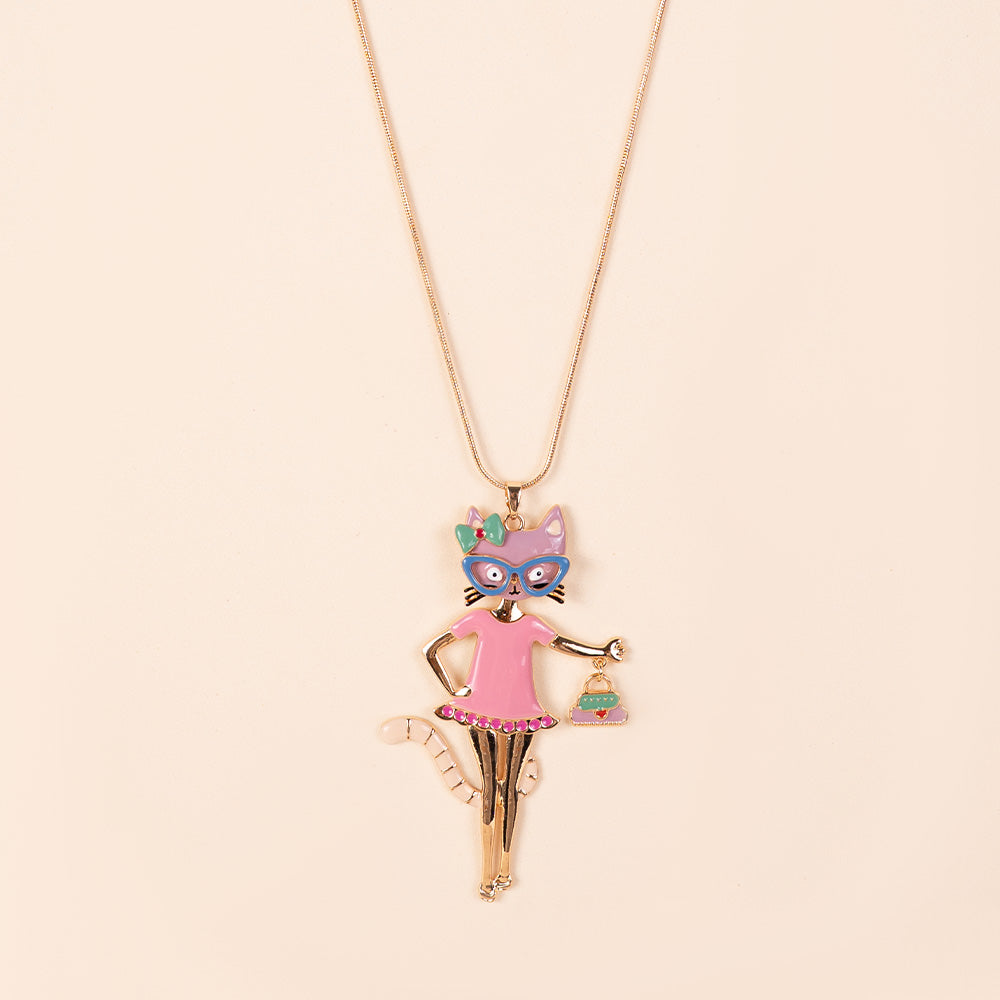 COLLANA LUNGA CON PENDENTE A FORMA DI GATTO CON OCCHIALI