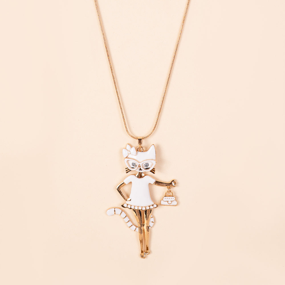 COLLANA LUNGA CON PENDENTE A FORMA DI GATTO CON OCCHIALI