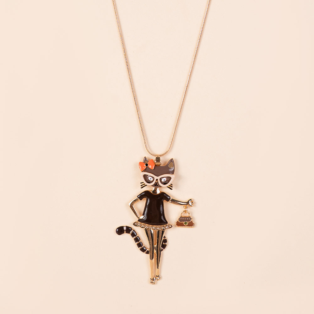 COLLANA LUNGA CON PENDENTE A FORMA DI GATTO CON OCCHIALI