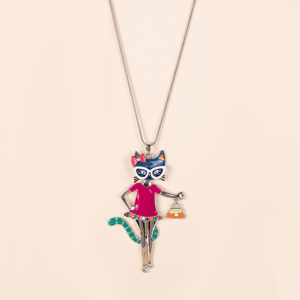 COLLANA LUNGA CON PENDENTE A FORMA DI GATTO CON OCCHIALI
