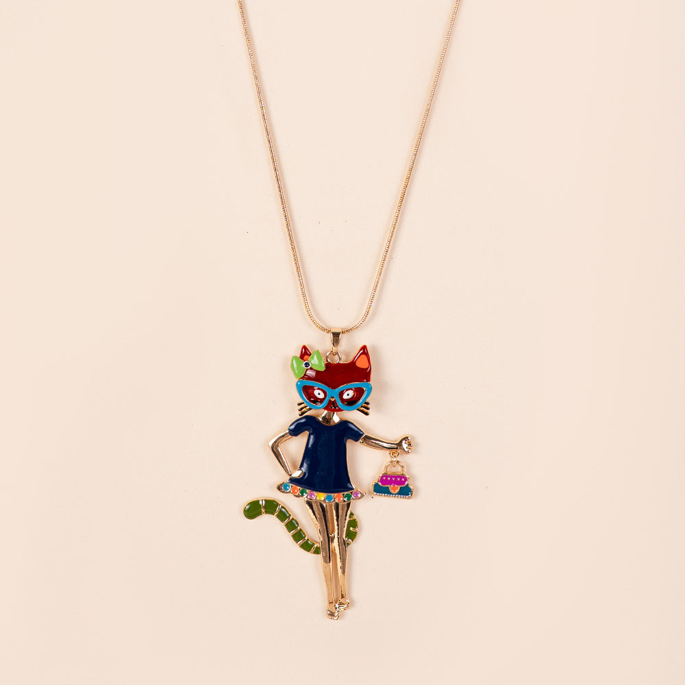 COLLANA LUNGA CON PENDENTE A FORMA DI GATTO CON OCCHIALI