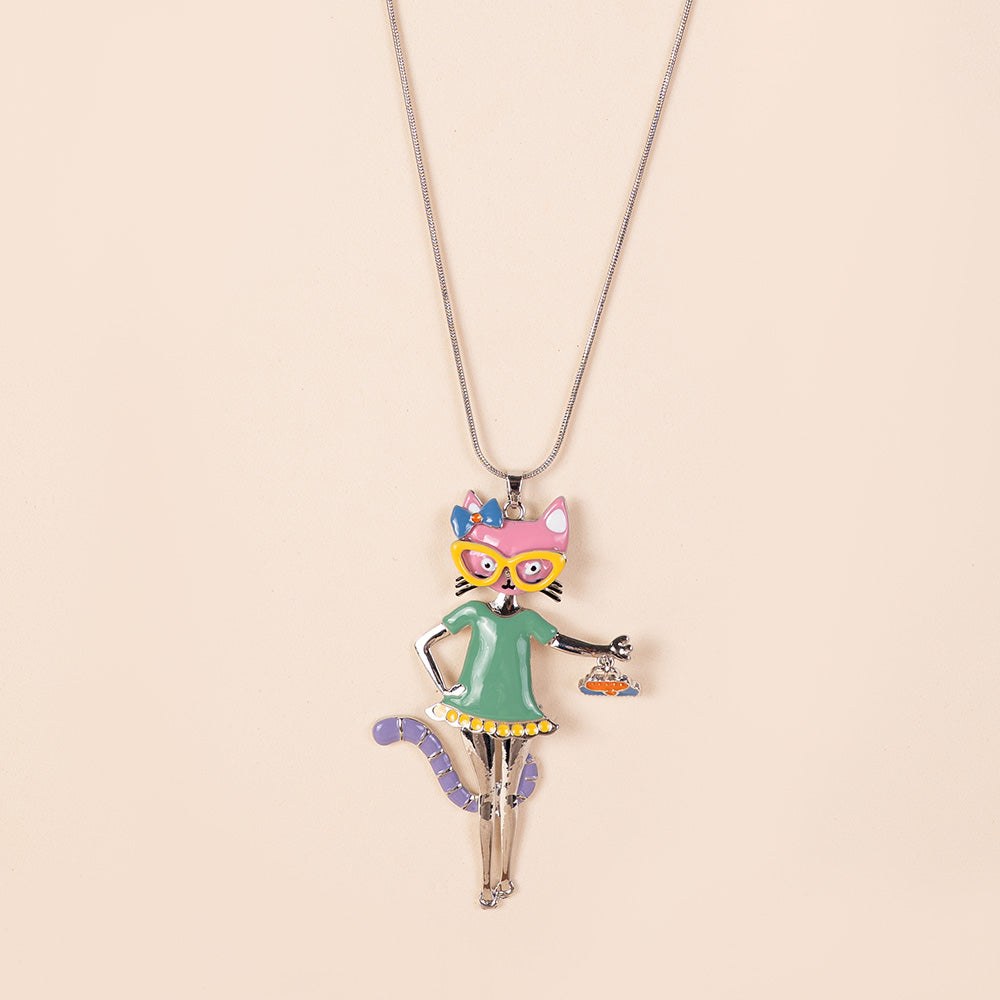 COLLANA LUNGA CON PENDENTE A FORMA DI GATTO CON OCCHIALI