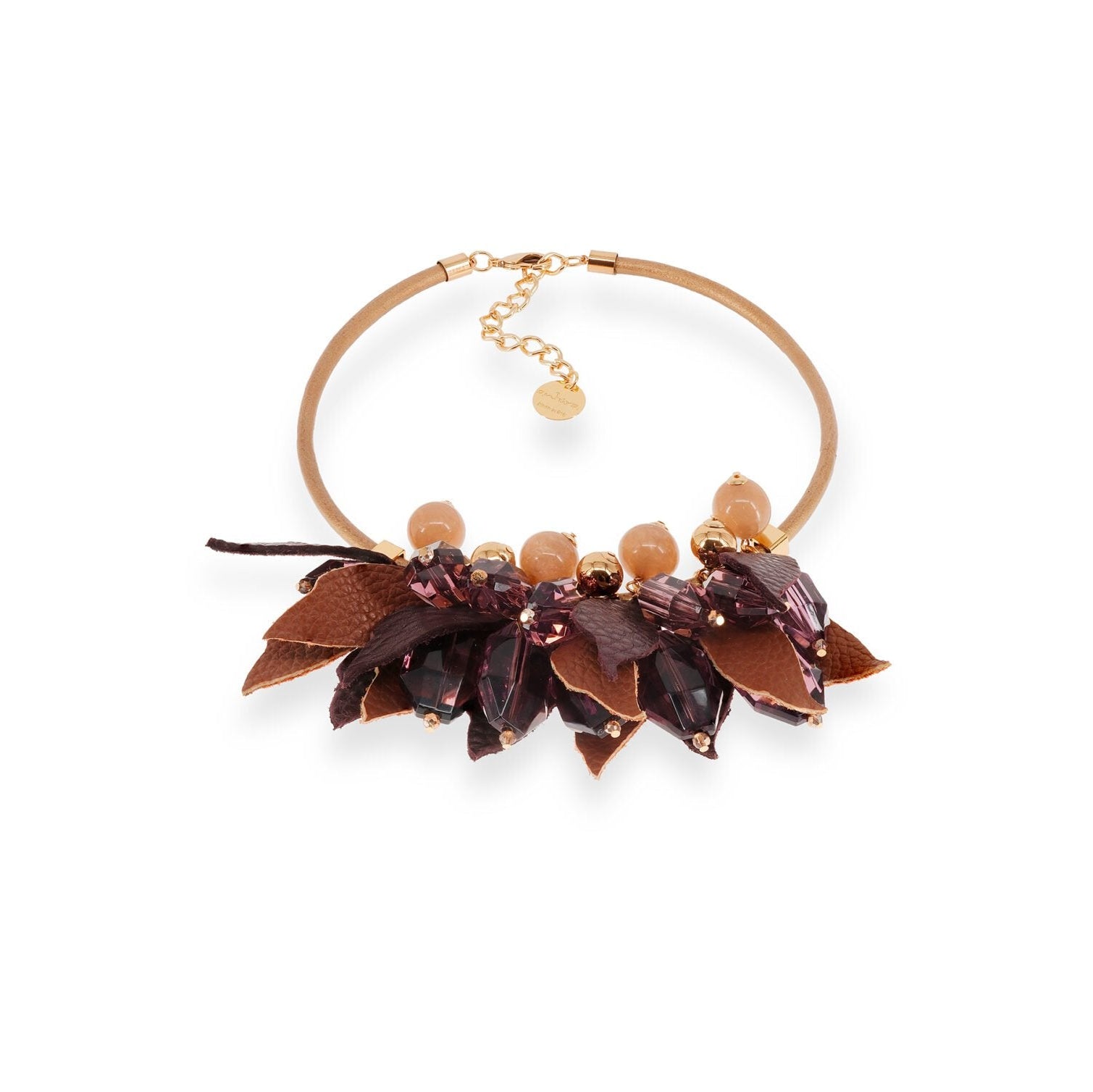 COLLANA GIROCOLLO CON FOGLIE IN PELLE SFERE E PIETRE COLORATE