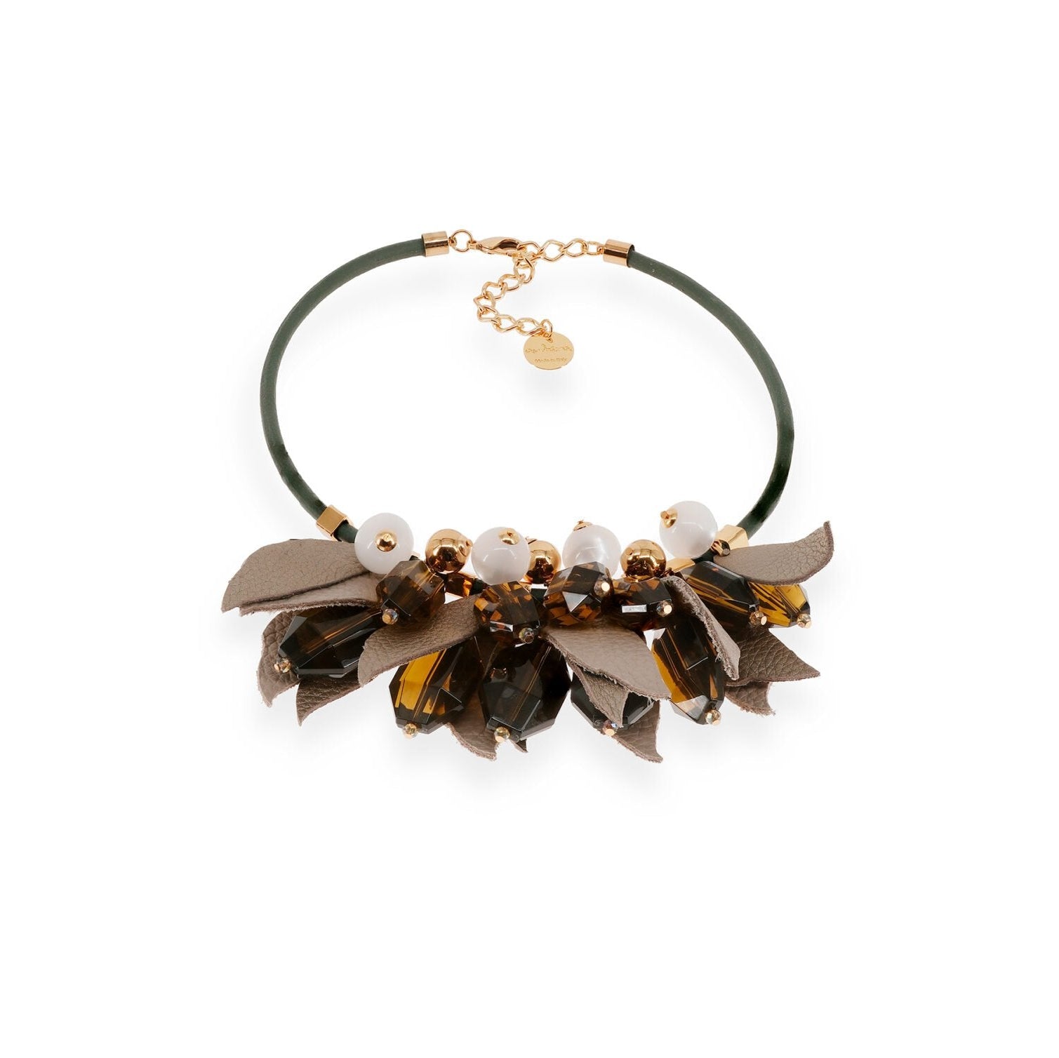 COLLANA GIROCOLLO CON FOGLIE IN PELLE SFERE E PIETRE COLORATE
