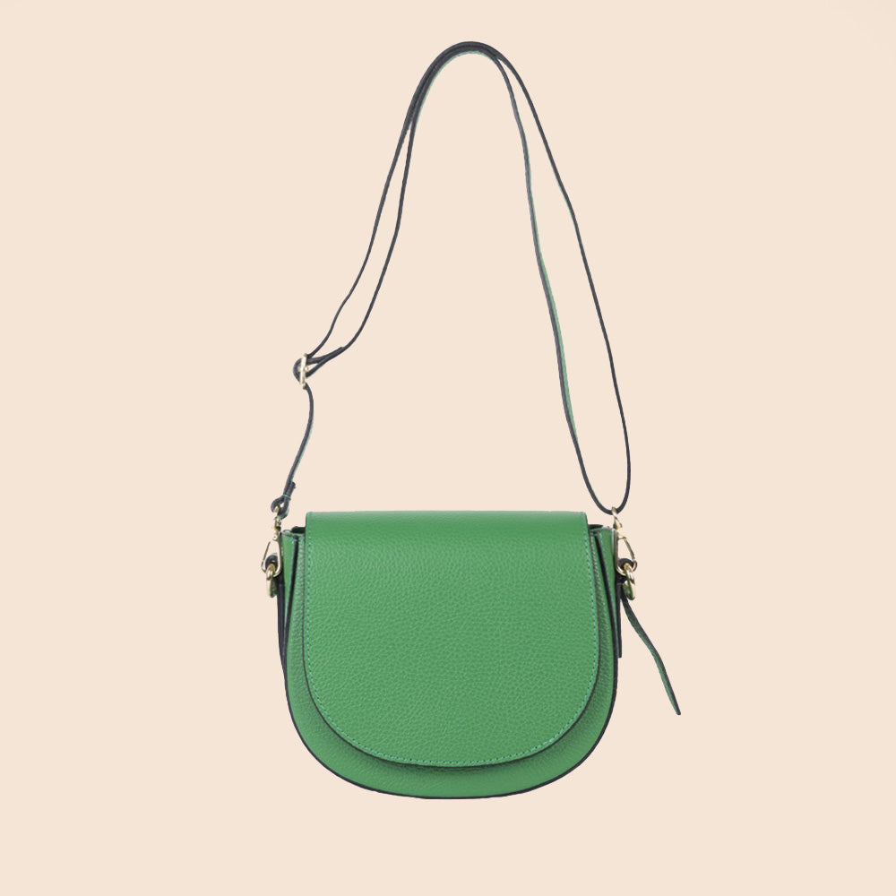 ROUNDED CLUTCH BAG WITH FLAP CLOSURE