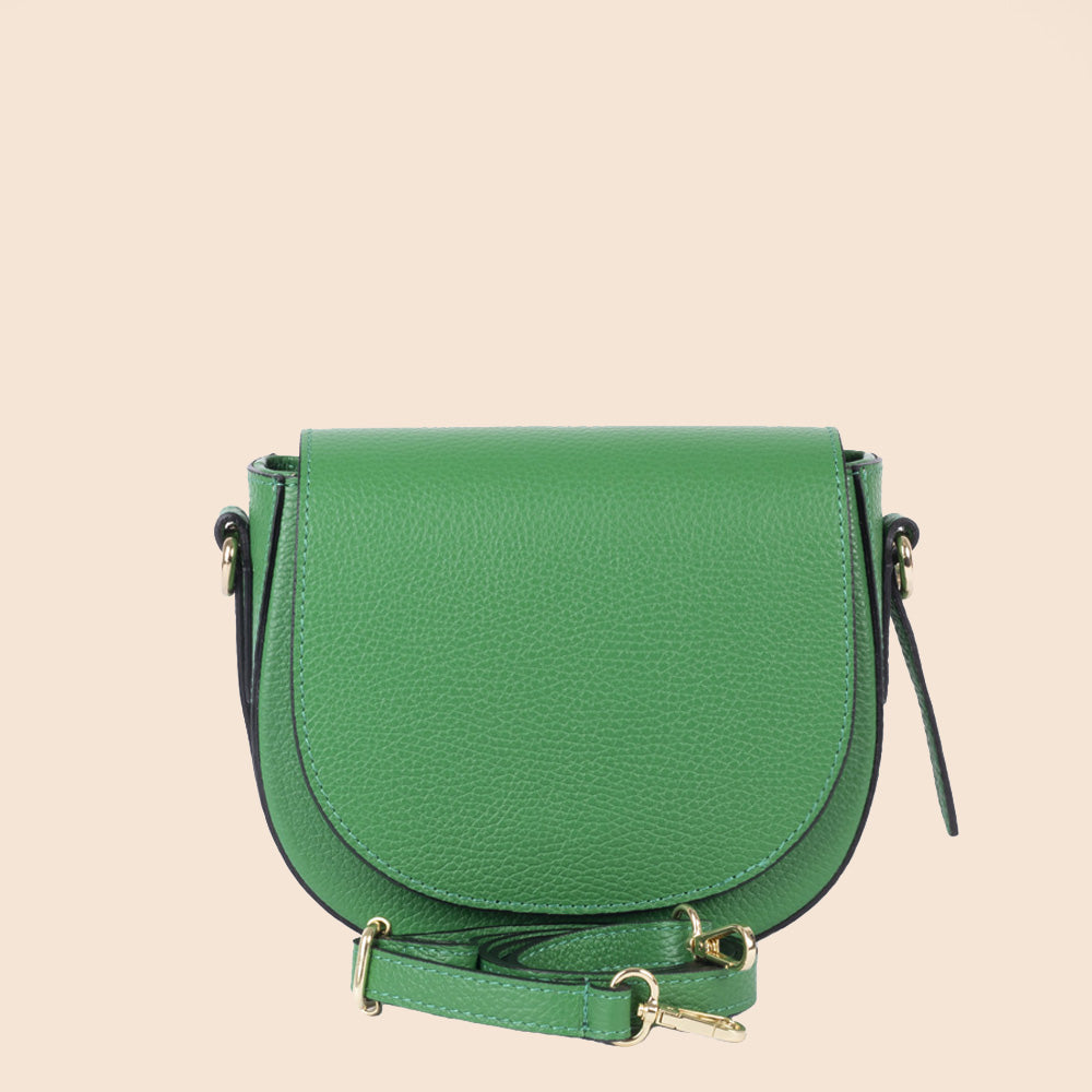 ROUNDED CLUTCH BAG WITH FLAP CLOSURE