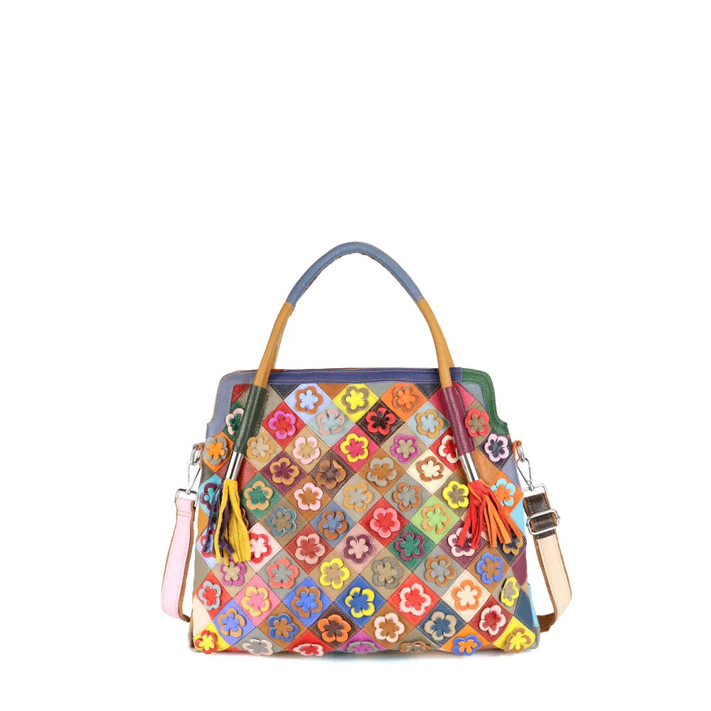 BORSA A SPALLA GRANDE PATCHWORK CON FIORI IN RILIEVO MULTICOLOR