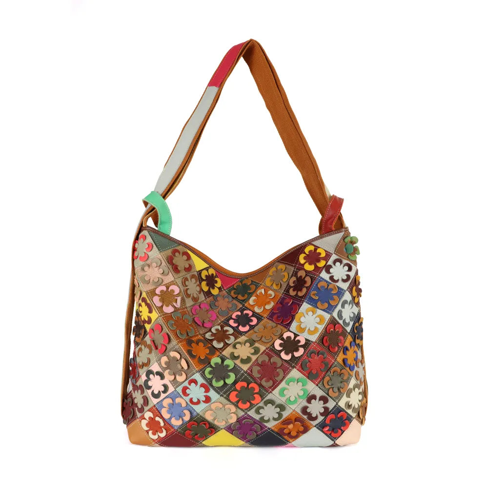 BORSA A SPALLA TRASFORMABILE IN ZAINO MULTICOLOR CON FIORI