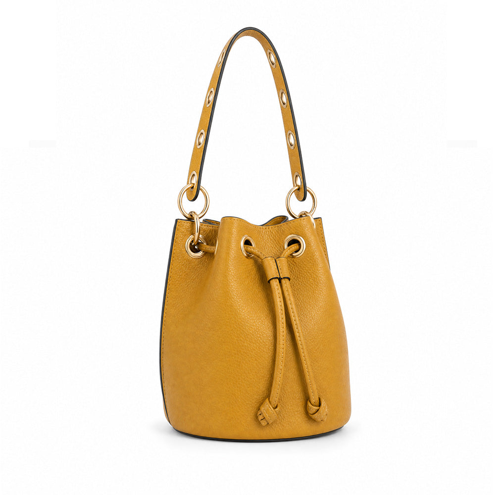 BORSA A MANO A SECCHIELLO CON BORCHIE AD ANELLO SUL MANICO