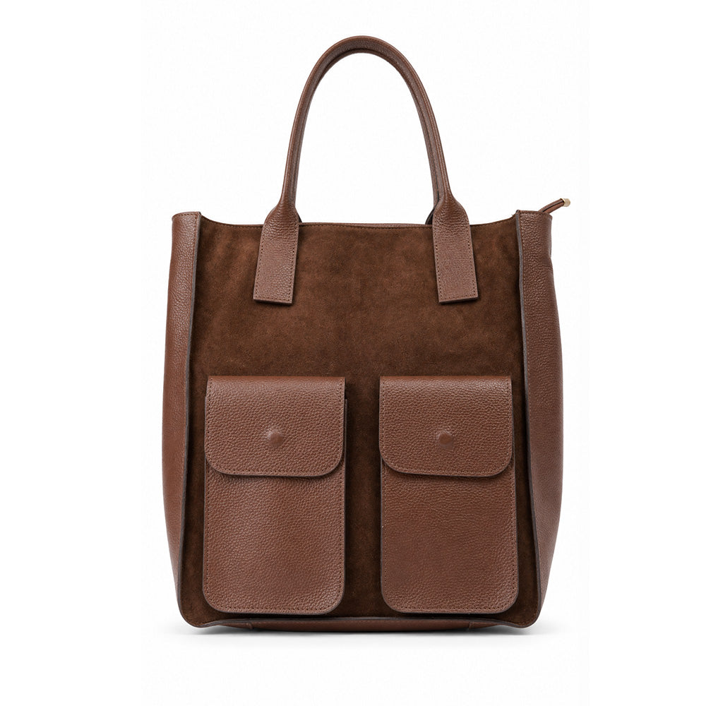 BORSA SPALLA IN PELLE E CAMOSCIO E DOPPIA TASCA FRONTALE