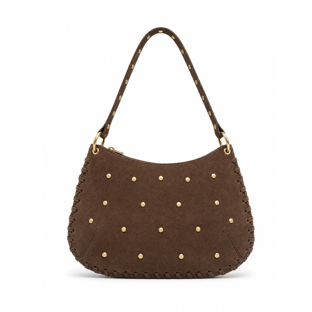 BORSA A SPALLA PIATTA CON BORCHIE IN CAMOSCIO