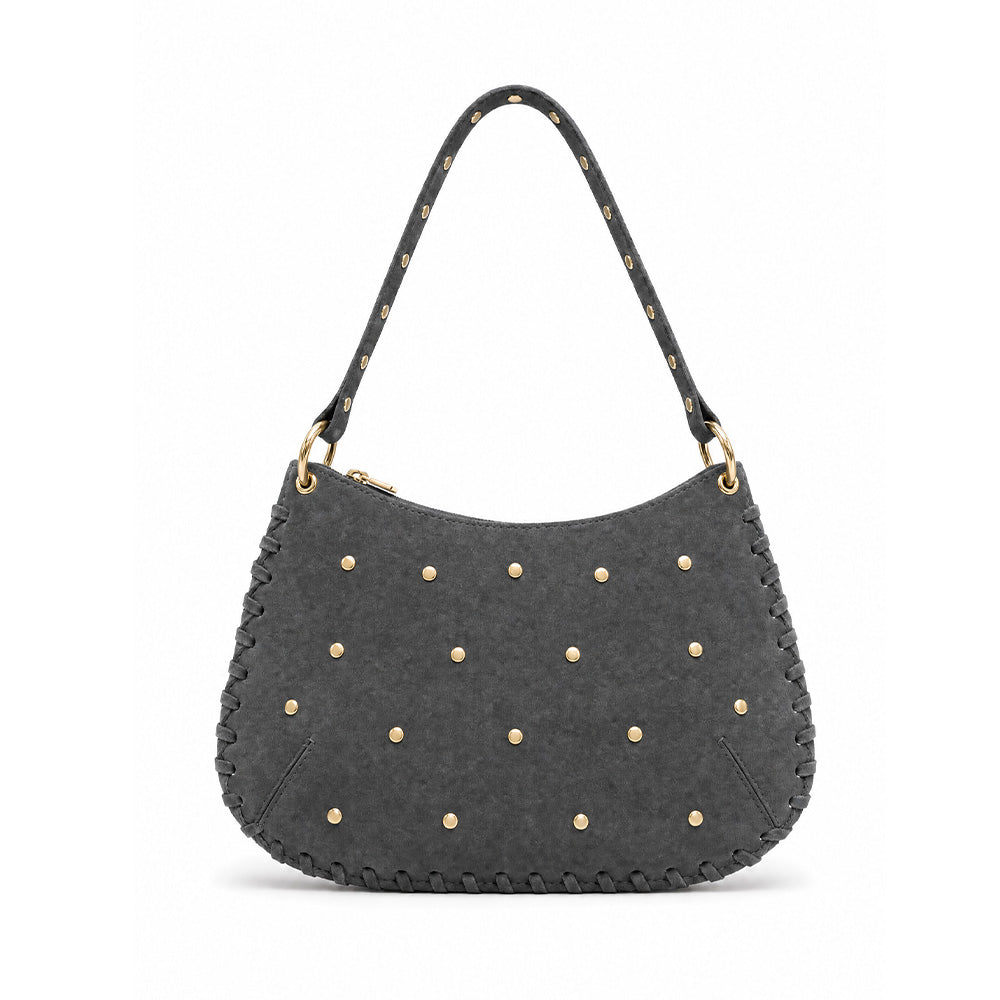 BORSA A SPALLA PIATTA CON BORCHIE IN CAMOSCIO