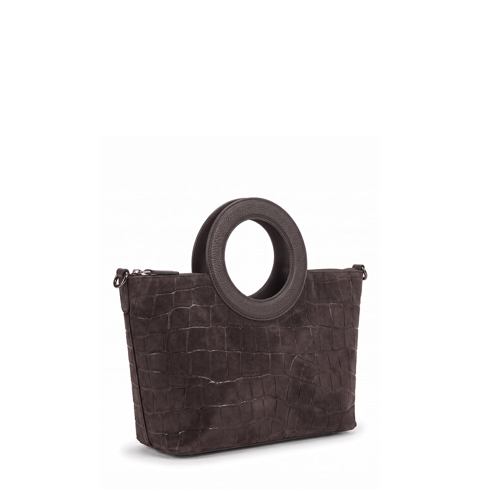 BORSA A MANO CON MANICO CIRCOLARE E TRAMA A COCCODRILLO