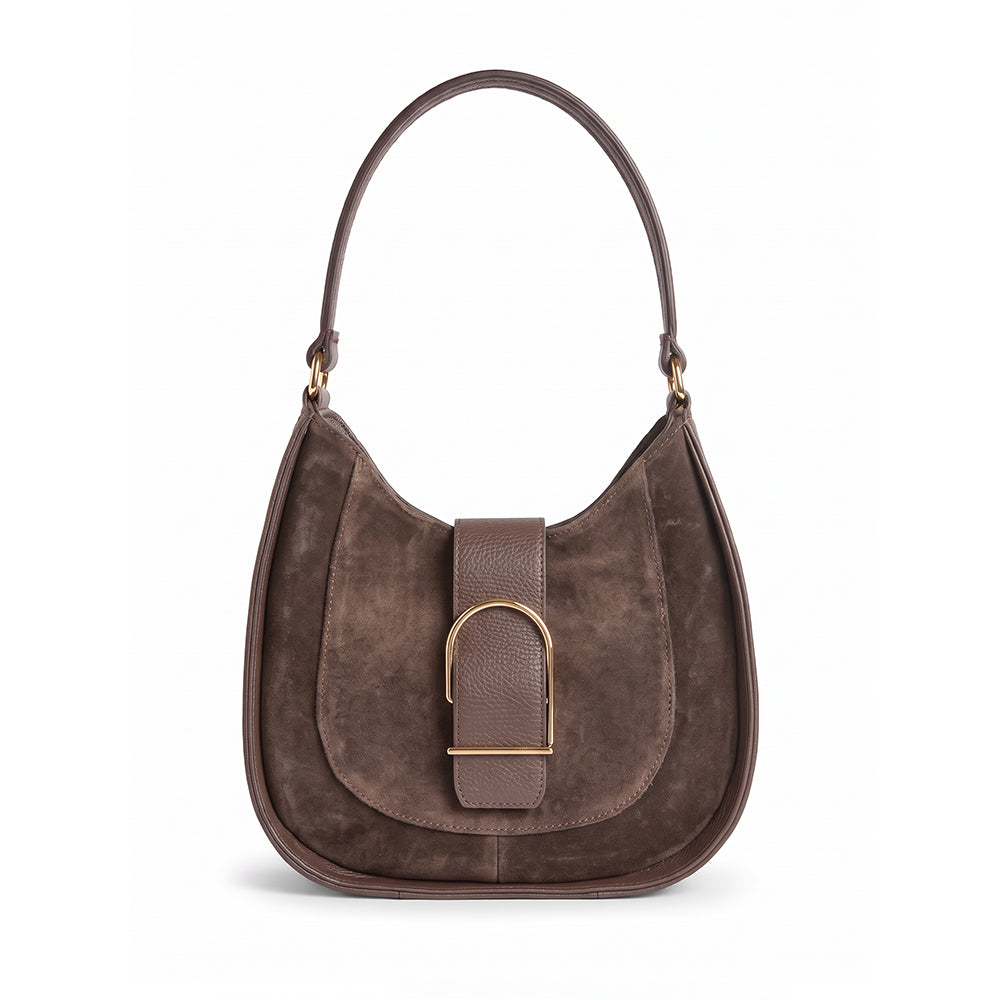 BORSA A SPALLA IN CAMOSCIO CON LINGUETTA FRONTALE