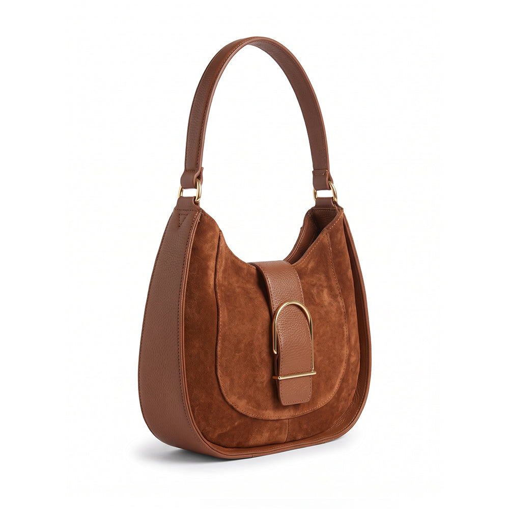 BORSA A SPALLA IN CAMOSCIO CON LINGUETTA FRONTALE