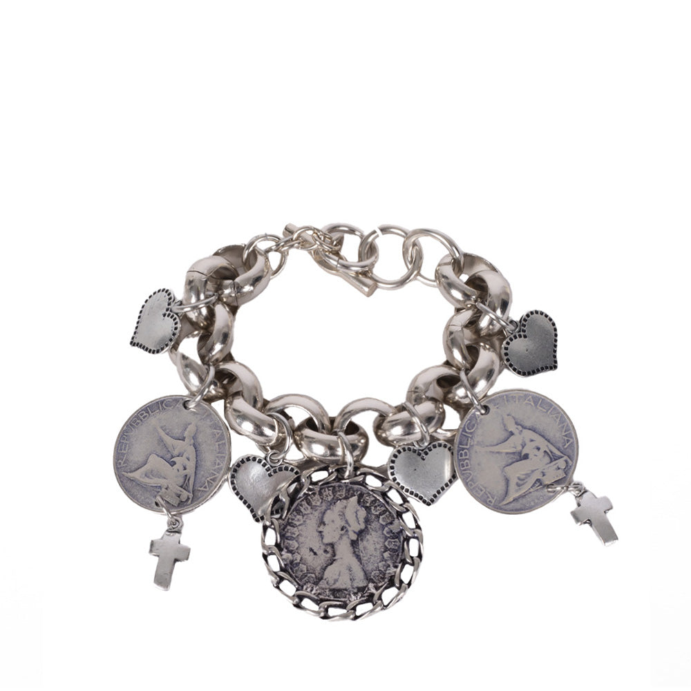 BRACCIALE MORBIDO CON CUORI MONETE E CROCI