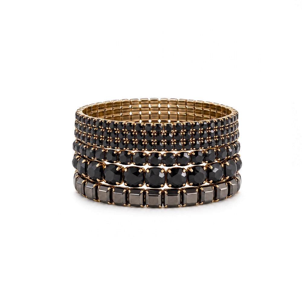 SET DI 9 BRACCIALI ELASTICI CON STRASS DI VARIE DIMENSIONI