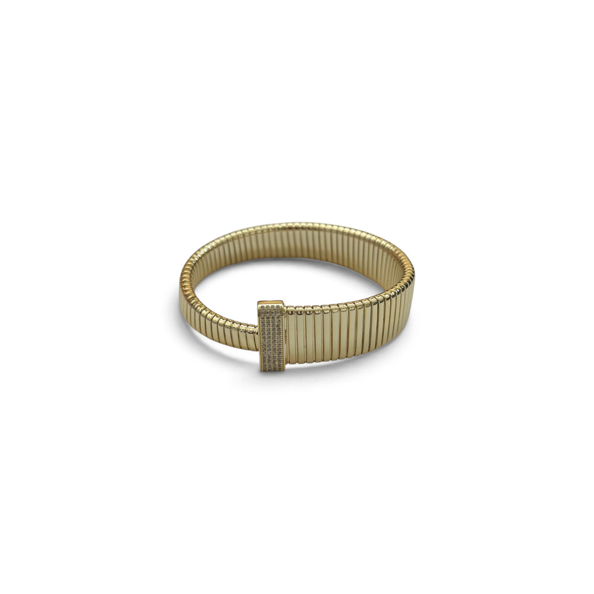 Bracciale semirigido Fanatikerie color oro con struttura a spessore crescente e dettaglio rettangolare con zirconi