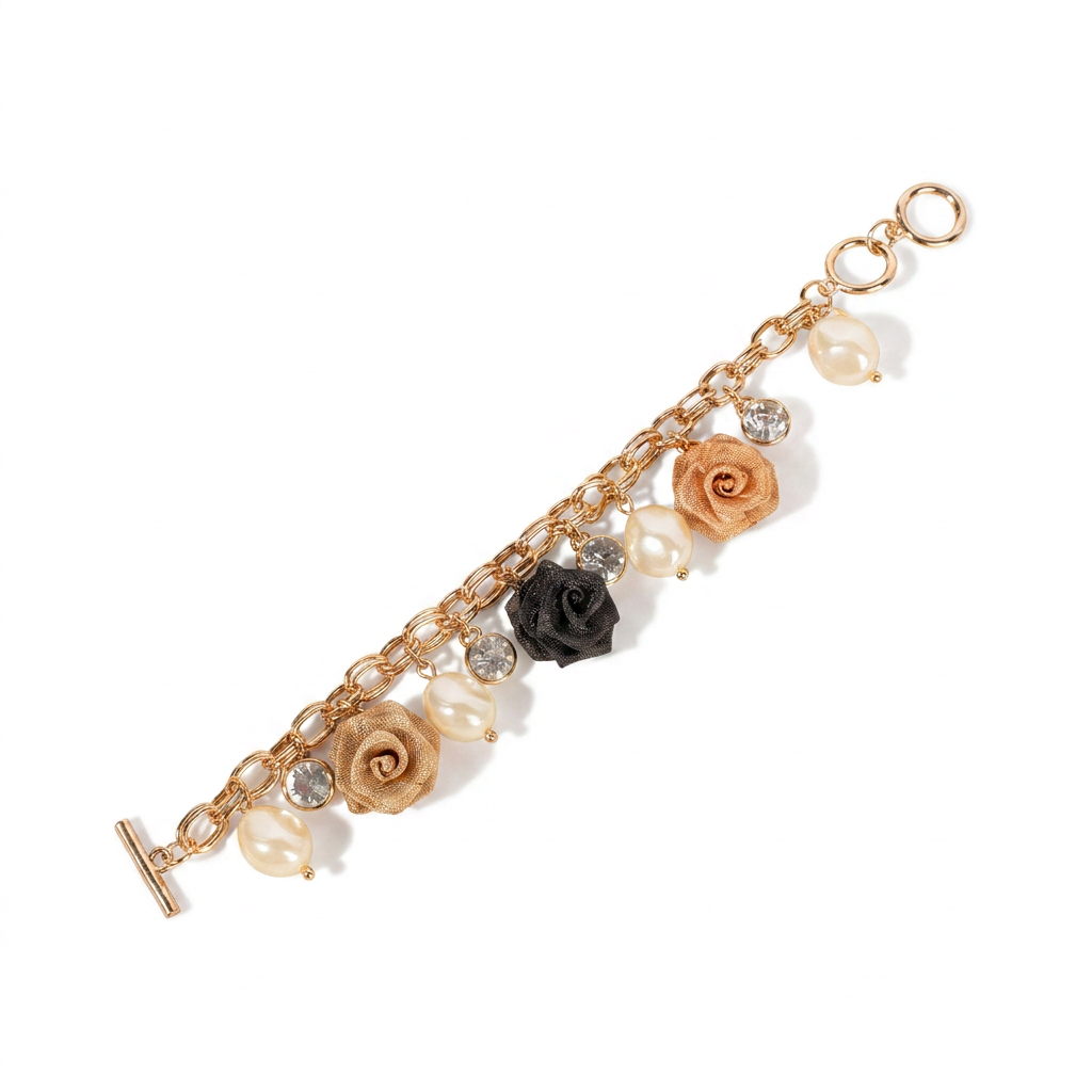 BRACCIALE MORBIDO CON ROSE PERLE E STRASS