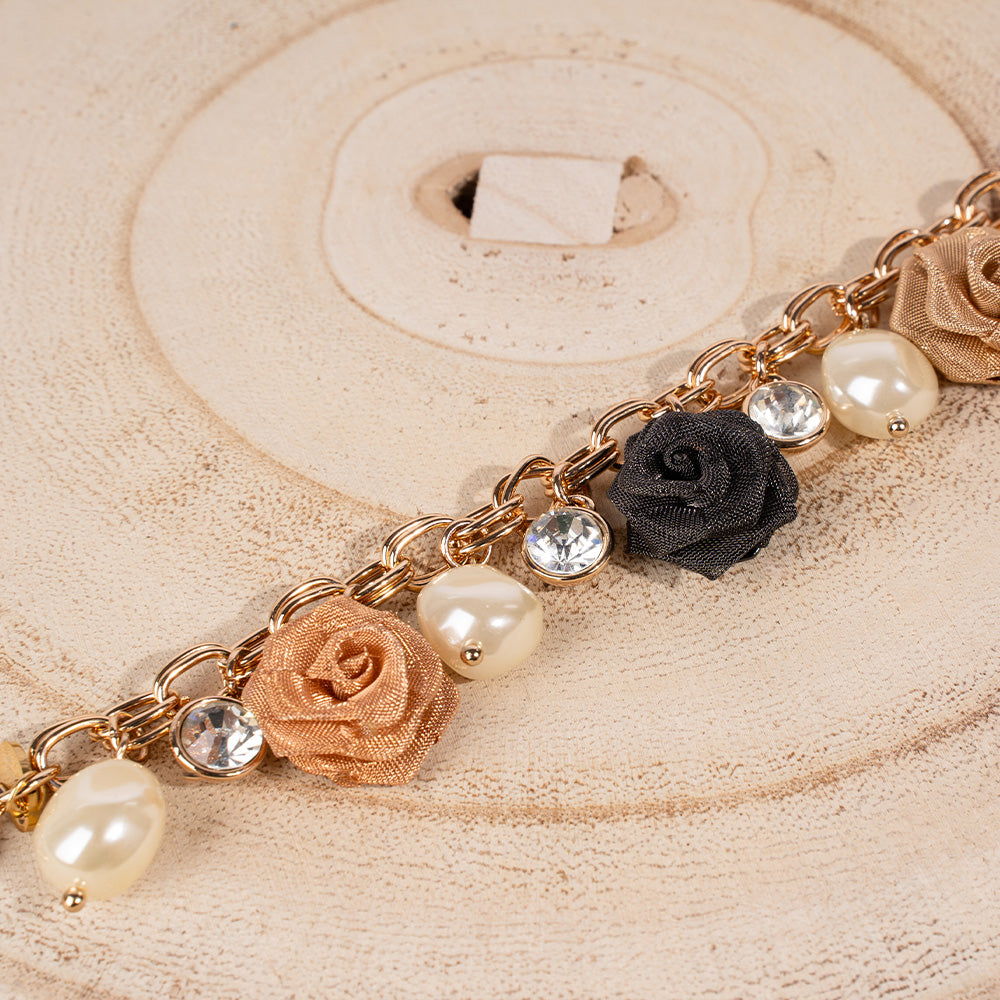 BRACCIALE MORBIDO CON ROSE PERLE E STRASS