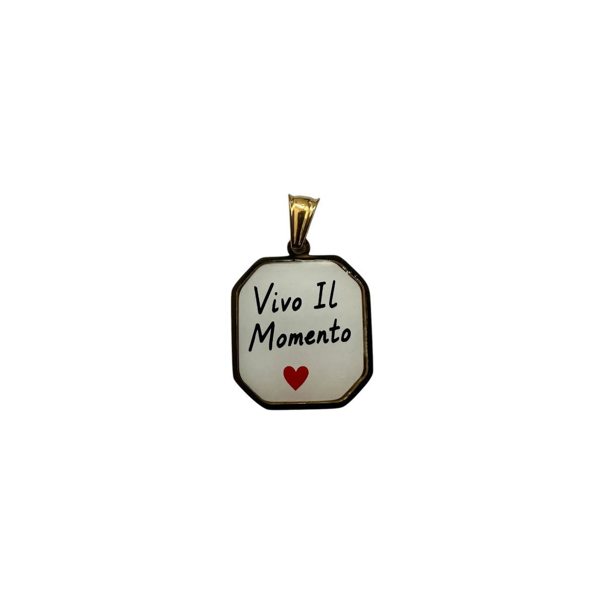 Charm rettangolare Fanatikerie color oro e bianco con scritta Vivo Il Momento e piccolo cuore rosso