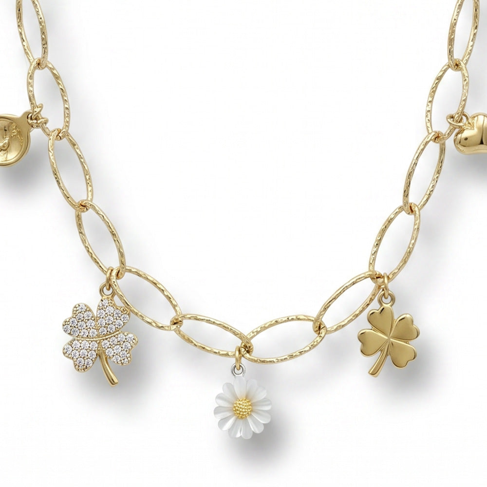 COLLANA GIROCOLLO CON MAGLIE OVALI E CIONDOLI PORTAFORTUNA