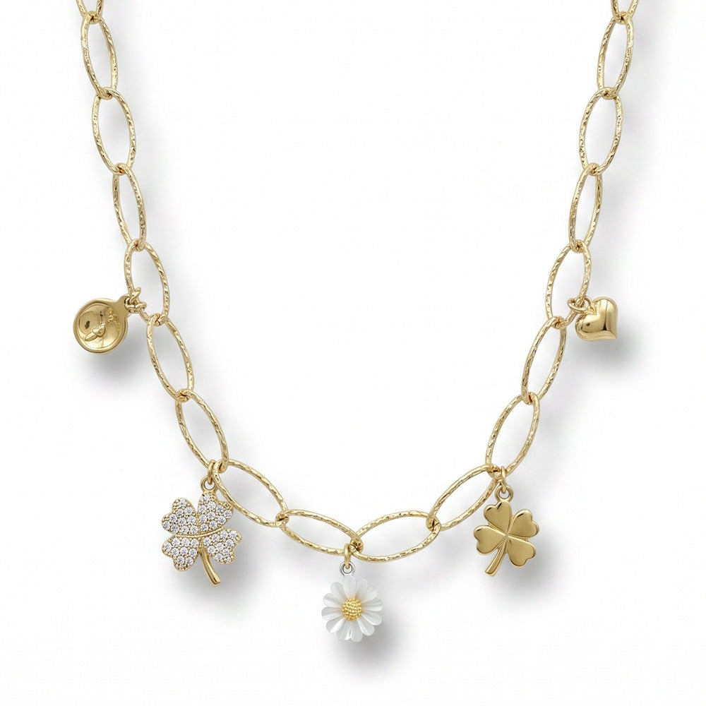 COLLANA GIROCOLLO CON MAGLIE OVALI E CIONDOLI PORTAFORTUNA