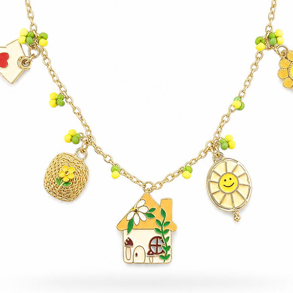 COLLANA GIROCOLLO CON PERLINE E PENDENTI A CASETTA E SOLE