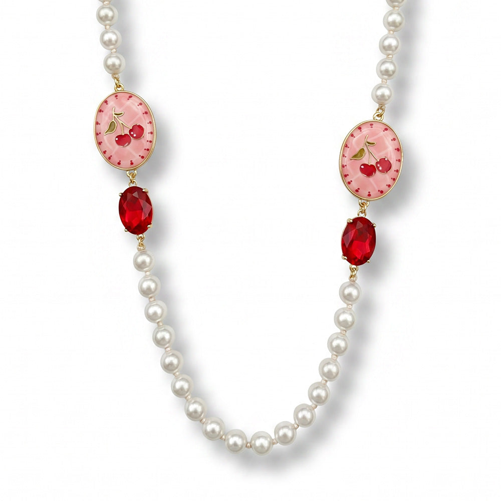 COLLANA LUNGA DI PERLE CON ELEMENTI OVALI CON DISEGNO