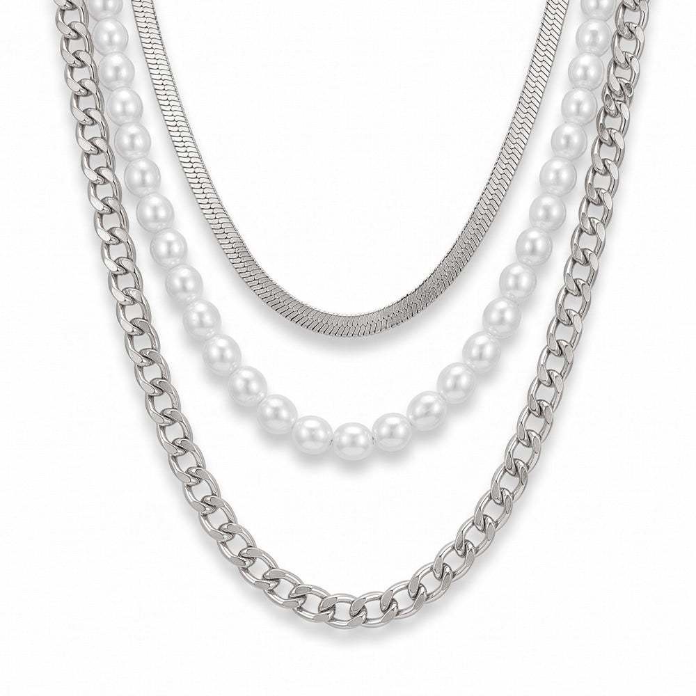 COLLANA A TRE FILI CON SNAKE GRUMETTA E PERLE IRREGOLARI