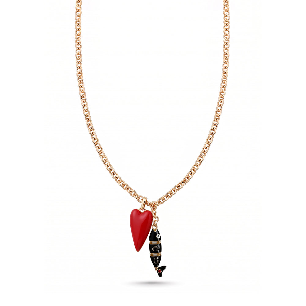 COLLANA LUNGA CON PESCE PENDENTE E CUORE