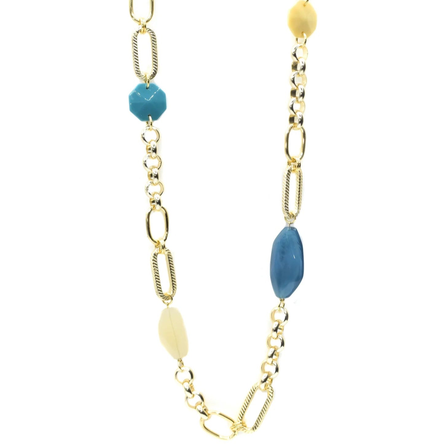 COLLANA LUNGA A CATENA ALTERNATA CON INSERTI IN RESINA DI DIVERSE FORME
