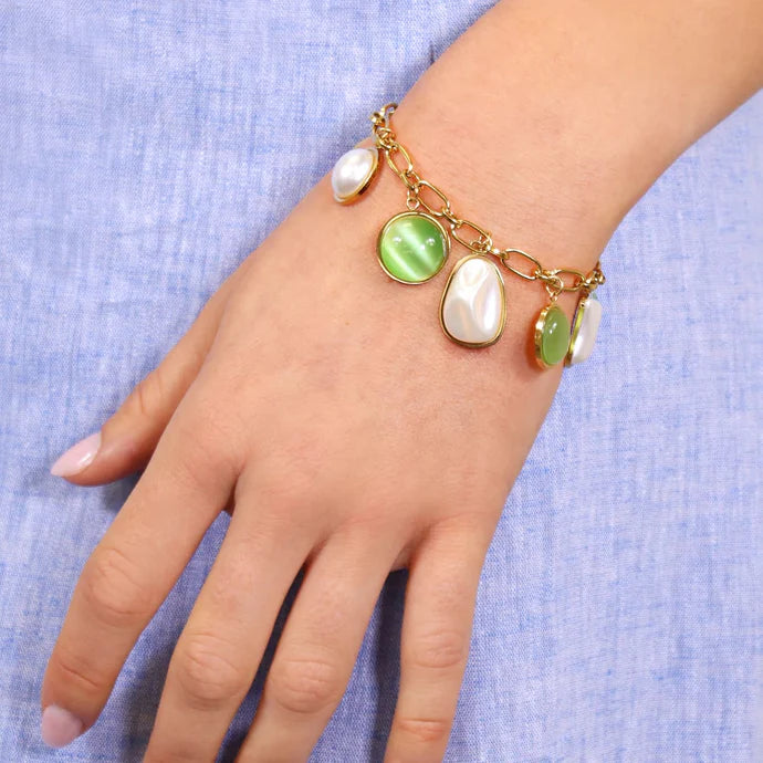 BRACCIALE MORBIDO CON PIETRE E PERLE PENDENTI
