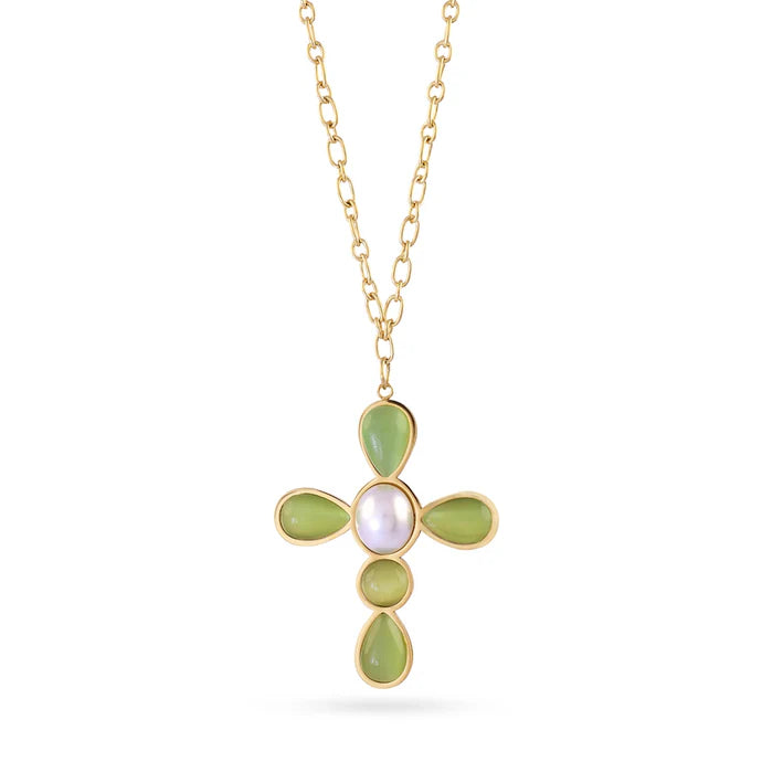 COLLANA LUNGA CON PENDENTE A CROCE CON PIETRE E PERLA