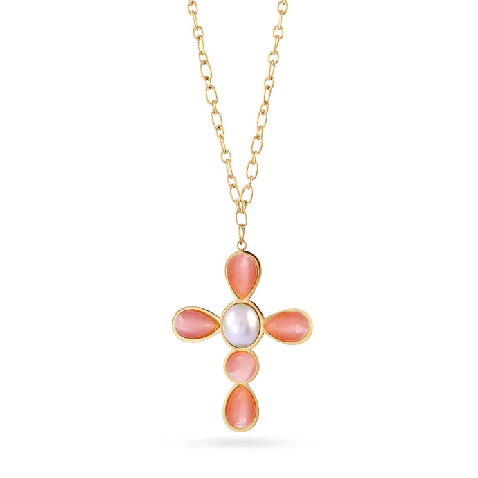 COLLANA LUNGA CON PENDENTE A CROCE CON PIETRE E PERLA