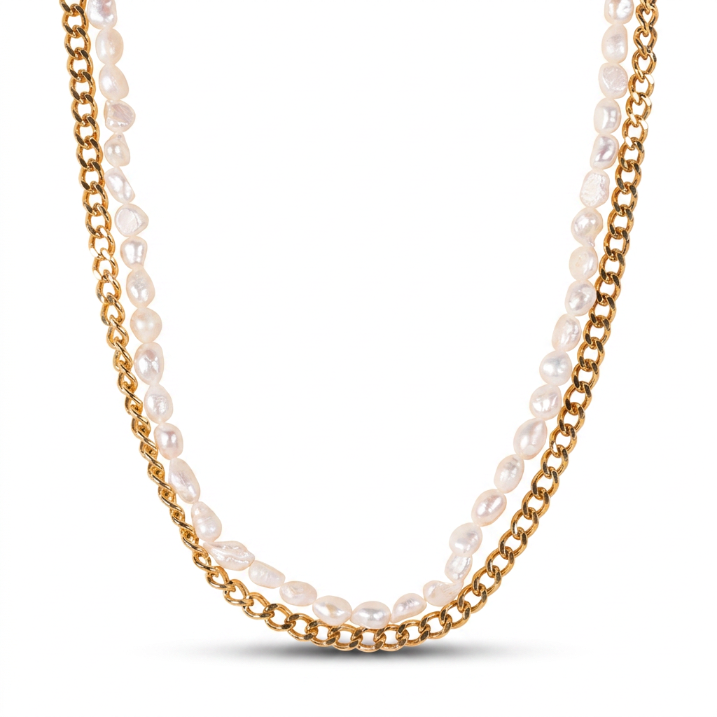 COLLANA GIROCOLLO CON DUE FILI IN CATENA E PERLE