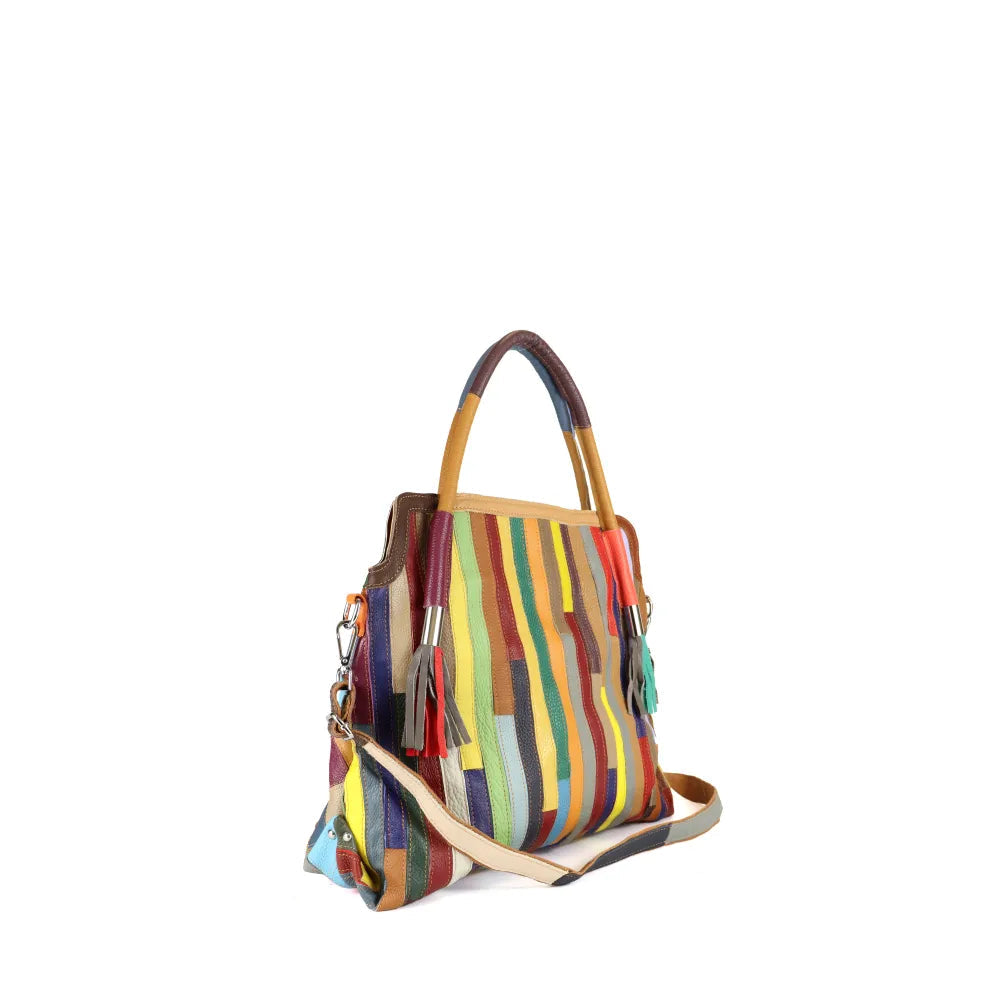 BORSA A SPALLA GRANDE PATCHWORK CON FIORI IN RILIEVO MULTICOLOR