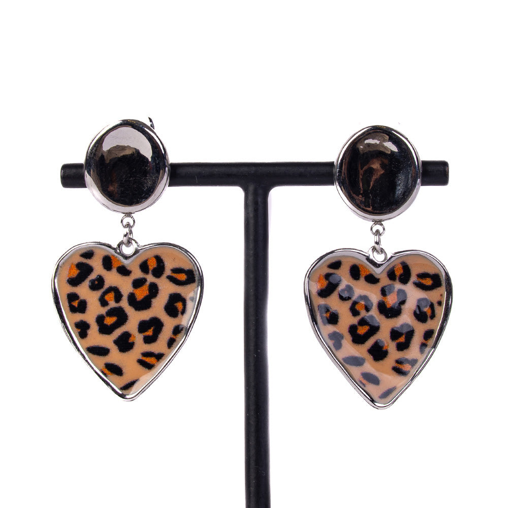 ORECCHINI PENDENTI CON CUORE ANIMALIER CHIUSURA A CLIP