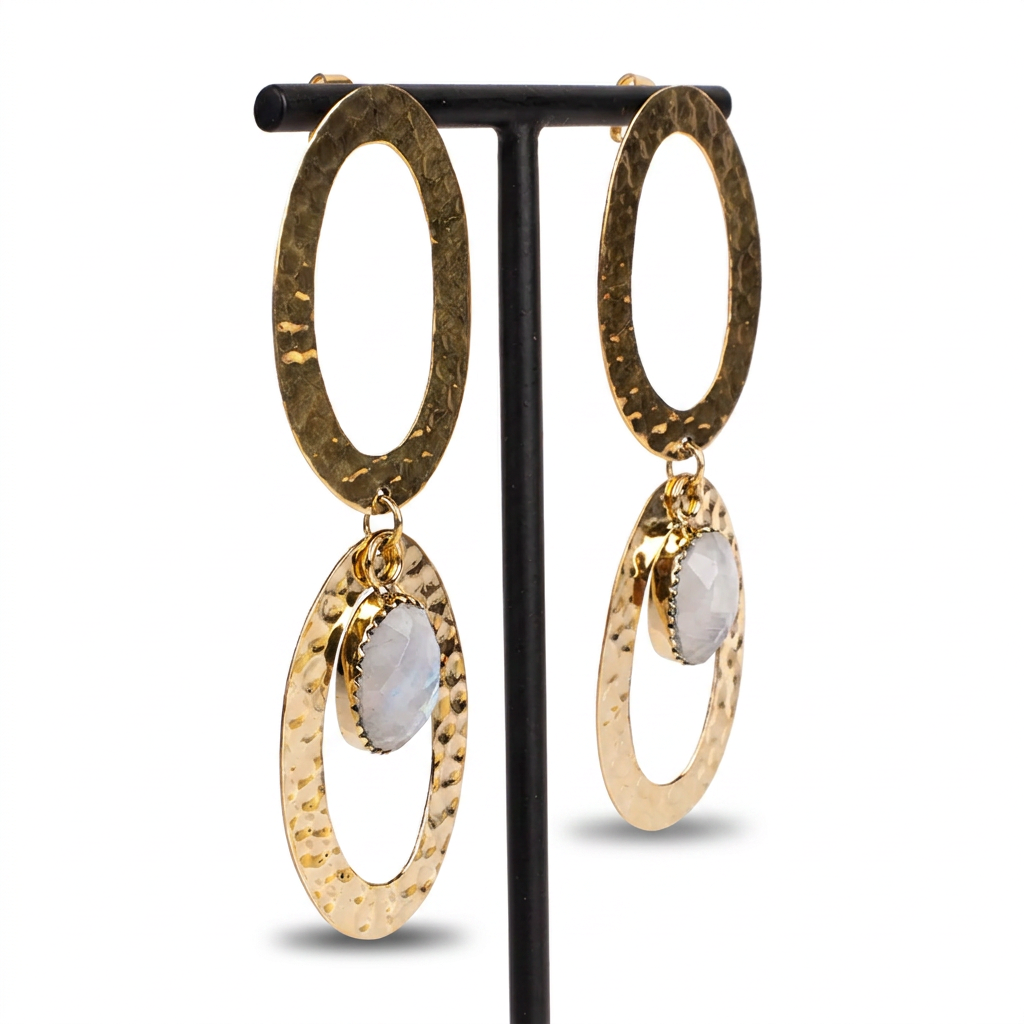 EARRINGS WITH HAMMERED OVAL PENDANT AND STONE