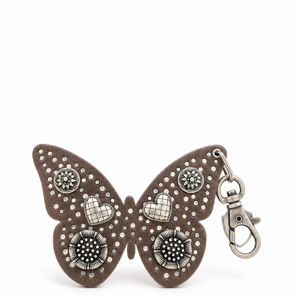 PORTACHIAVI IN PELLE CON SAGOMA A FARFALLA E BORCHIE DECORATIVE DI VARIO GENERE