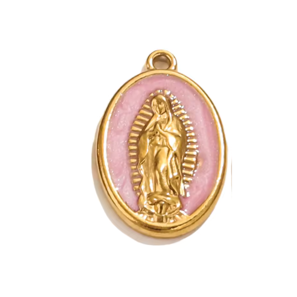 CHARM MEDAGLINA ROSA SMALTATA CON MADONNA IN ACCIAIO PLACCATO ORO