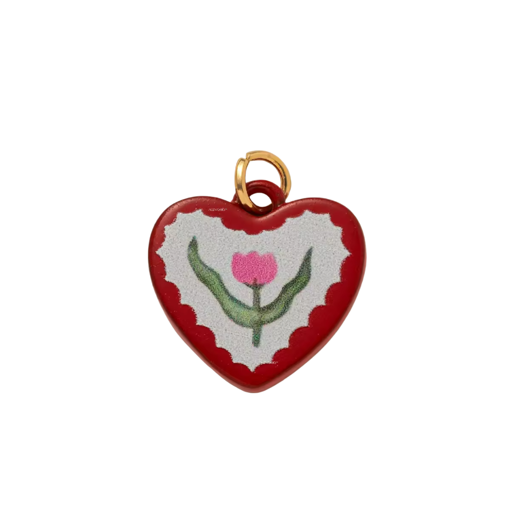 CHARM CUORE CON TULIPANO SMALTATO IN ACCIAIO PLACCATO ORO