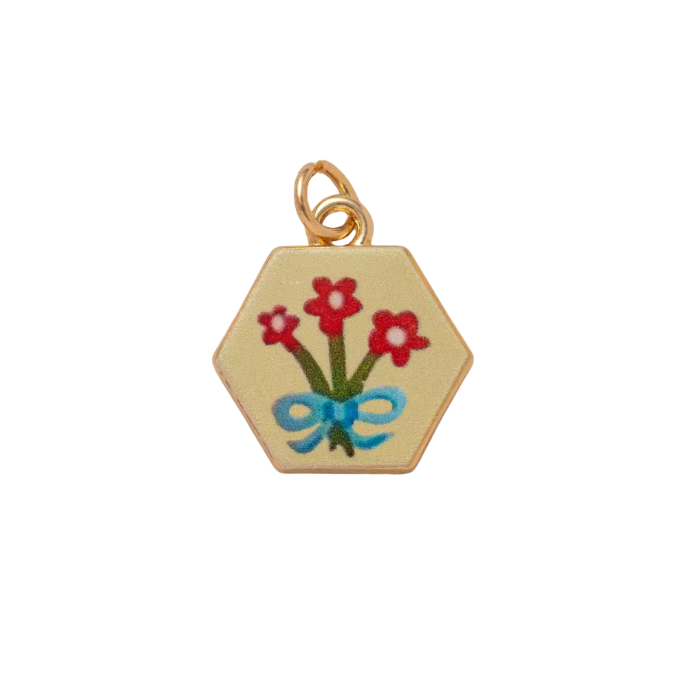 CHARM ESAGONALE MAZZO DI FIORI SMALTATO IN ACCIAIO PLACCATO ORO
