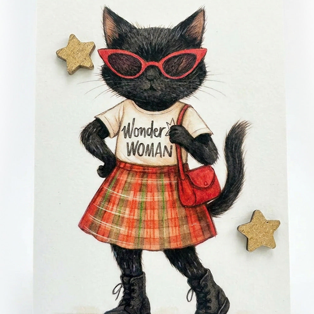 ACQUERELLO SU LEGNO GATTO "WONDER WOMAN"