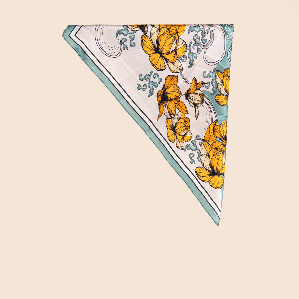 SCIARPA FOULARD DA COLLO IN SETA A POIS CON FIORI ARANCIO E SFONDO VERDE