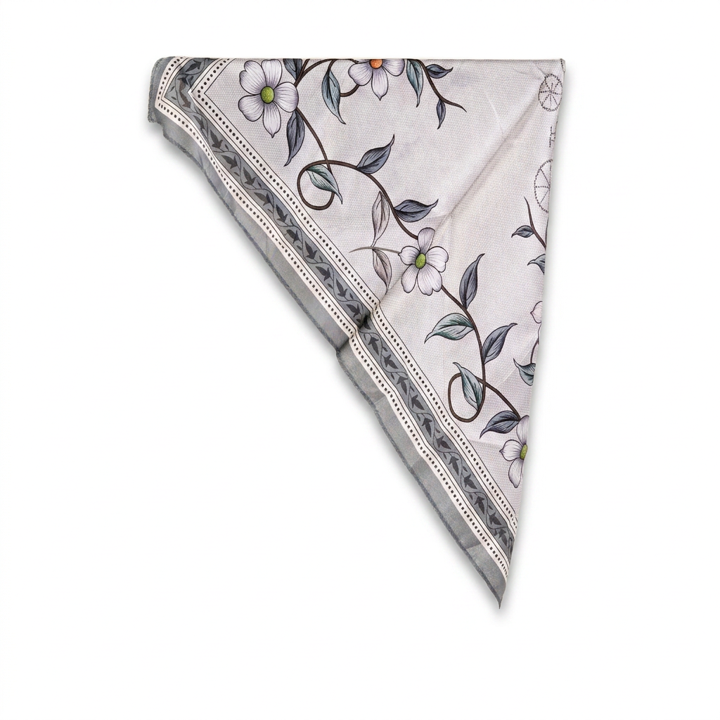 SCIARPA FOULARD DA COLLO IN SETA CON FIORI E CORNICE GRIGIA