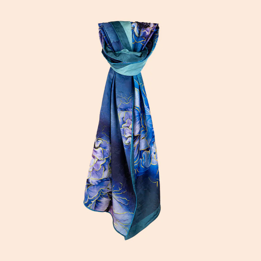 DOUBLE DAMASK SCARF WITH PEONY AND AQUA GREEN BACKGROUND